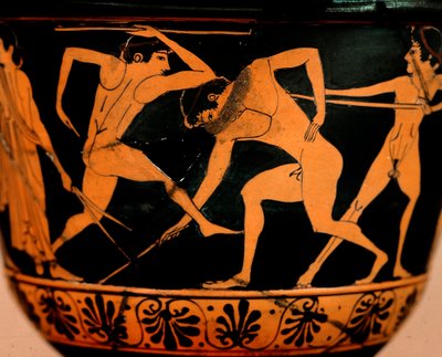 Etruskische Kunst: Pyxis dekoriert mit einer Palestra-Szene, Athleten üben Speerwerfen aus Cerveteri. Rom, Museo di Villa Giulia von Etruscan Etruscan