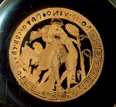 Etruskische Zivilisation: Detail eines Kylix, der Ariadne und Dionysos darstellt. Aus der Nekropole Falerii Veteres. Rom, Villa Giulia von Etruscan Etruscan