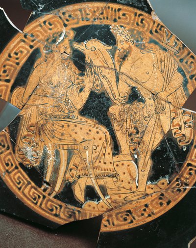 Rotfigurige Keramik, Innendekoration eines Kraters, der Poseidon und Amphitrite darstellt, etruskische Zivilisation von Etruscan Etruscan