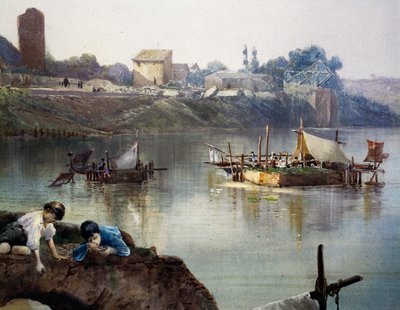 Fischer-Giornelli (Fischräder) am Tiber in der Nähe von Porto di Ripa Grande in Rom, von Ettore Roesler Franz (1845-1907), Aquarell, Italien von Ettore Roesler Franz