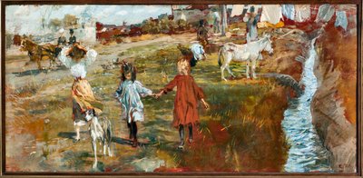 Landschaft mit Kindern und Hund, ein Esel am Fluss von Ettore Tito