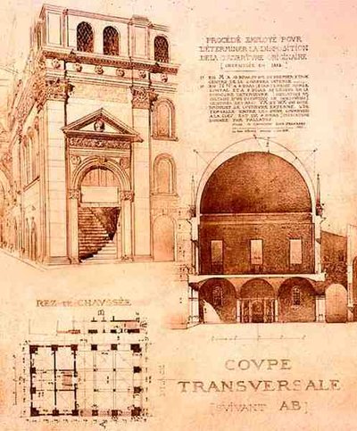 Plan, Querschnitt und Aufriss der Loggia oder Palazzo del Commune, Brescia, Italien, aus 