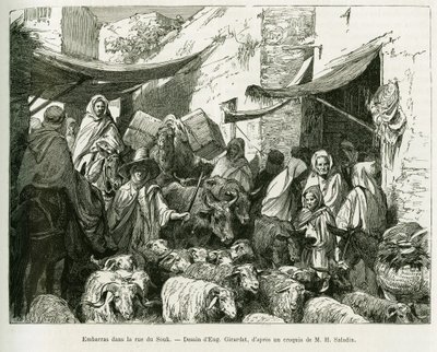 Verlegen in der Teboursouk-Souk-Straße. Gravur von Eugene Girardet, zur Illustration der Geschichte „Voyage en Tunisie“, von R. Cagnat und H. Saladin, im Tour du monde 1888, unter der Leitung von Edouard Charton (1807-1890). von Eugene Alexis Girardet