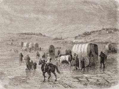 Ein Wagenzug, der in den 1860er Jahren nach Westen zieht, graviert von Stephane Pannemaker (1847-1930) von Eugene Antoine Samuel Lavieille