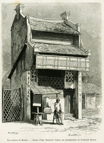 Ein Affenhaus. Gravur von Eugene Burnand zur Illustration der Geschichte Sur les frontières du Tonkin von Dr. P. Neiss, in Le Tour du monde 1888, herausgegeben von Edouard Charton (1807-1890), Hachette, Paris. von Eugene Burnand