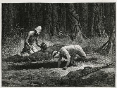 Dr. Harmand und sein annamitischer Helfer, bei der Durchführung geheimer Exhumierungen von Khas-Begräbnissen in Attopeu (Laos), Gravur von Eugene Burnand, zur Illustration der Geschichte von Laos und den wilden Bevölkerungen Indochinas von Dr. Harmand, 187 von Eugene Burnand