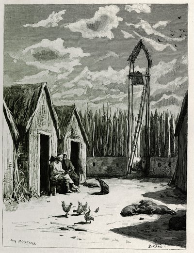 Missionarsplatz in Meuong Ngan. Gravur von Eugene Burnand zur Illustration der Geschichte „Reise in Oberlaos“, 1880, von Dr. P. Neis. Veröffentlicht in Le Tour du monde, nouveau journal des voyages, 2. Halbjahr 1885, herausgegeben von Edouard Charton (1807 von Eugene Burnand