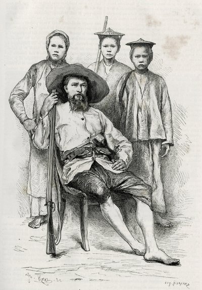 Porträt des Autors, umgeben von seinen Reisegefährten. Gravur von Eugene Burnand zur Illustration der Geschichte „Reise in Oberlaos“, 1880, von Dr. P. Neis. Veröffentlicht in Le Tour du monde, nouveau journal des voyages, 2. Halbjahr 1885, herausgegeben vo von Eugene Burnand