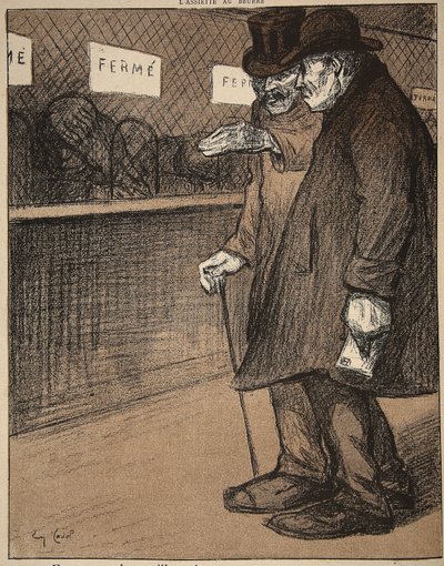 Zwei ältere Herren gehen an geschlossenen Schaltern vorbei, Illustration aus 