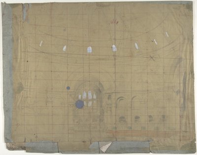 Entwurf für ein Bühnenbild an der Opéra, Paris: Kircheninnenraum, 1830-90 von Eugene Ciceri