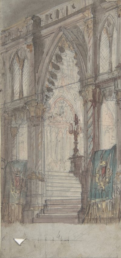 Entwurf für ein Bühnenbild an der Opéra, Paris: Kircheninneres, 1830-90 von Eugene Ciceri