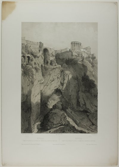 Tivoli: Die Tempel der Vesta und der Sibylle und Ruinen der Grotte des Neptun, Tafel neunzehn aus Italie Monumentale et Pittoresque von Eugene Ciceri