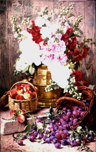 Stillleben mit Blumen in einer Messingurne und Obst in Körben von Eugene Claude