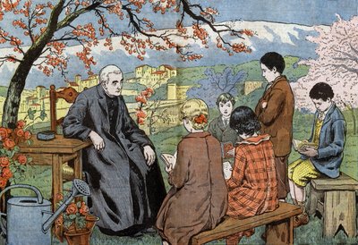 Ein Priester und zukünftige junge Leute, die ihre Kommunion empfangen werden, in einem Garten von Eugene Damblans
