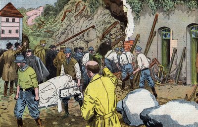Leichnam des amerikanischen Generals Dunlop, der starb, weil er Frau Briant unter dem Einsturz der Nebengebäude des Schlosses Fariniere (Frankreich) rettete von Eugene Damblans