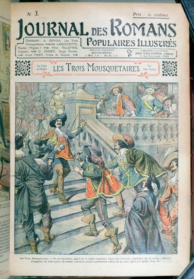 Titelseite einer Serialisierung von Die drei Musketiere von Alexandre Dumas von Eugene Damblans