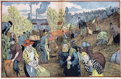 Jäger suchen nach Kohlenstücken unter den aus den Minen gewonnenen Steinen, um sich im Winter zu heizen. Ruhrgebiet, Deutschland. Illustration von Damblans. In „Le Pelerin“ vom 4. Oktober. von Eugene Damblans