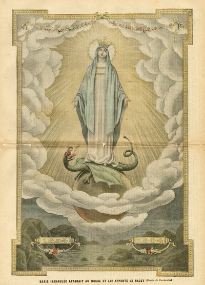 Illustration von Eugene Damblans (1865-1945) in Le Pelerin, 04/12/04 - Maria Immaculée erscheint der Welt und bringt ihr Heil - Religion Glaube, Katholisch Katholizismus - Unbefleckte Empfängnis - Maria, Drache - Wolken - Erde von Eugene Damblans