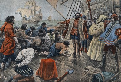 Illustration der Mannschaft von Ferdinand Magellan, die ihm nach einer gescheiterten Meuterei die Treue schwört - Ferdinand Magellan (1480-1521), portugiesischer Navigator, beruhigt eine Meuterei seiner Mannschaft und lässt sie nach der Vergebung auf ein K von Eugene Damblans