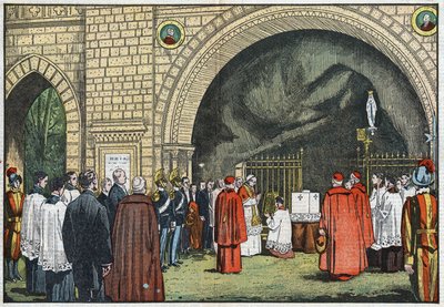 Vor der „Grotte von Lourdes“ in den Gärten des Vatikans segnet Papst Pius XI. den ersten Stein des Kollegs der Propaganda, das auf dem Janikulum errichtet werden soll. Illustration von Damblans. In „Le Pèlerin“ vom 3. Juni von Eugene Damblans