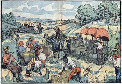 Bevölkerungsmigration in Afrika: 2000 Buren verlassen die portugiesische Kolonie Angola mit Wagen in die fruchtbareren Regionen Südafrikas. Illustration von Damblans in „Le Pelerin“ vom 30. September von Eugene Damblans