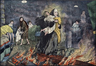 Schwester Marie Gabrielle rettet ein Kind während des Brandes des Waisenhauses von Bernards Ville in den USA. Illustration von Damblans in „Le Pelerin“ vom 27. November von Eugene Damblans