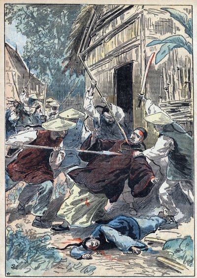Der französische Priester Berthollet, Priester der Auslandsmissionen, wurde von chinesischen Nationalgardisten in der Nähe der Stadt Yun Ngan Cheou am 21. April 1898 ermordet. Illustration von Damblans in „Le Pelerin“ vom 10. Juli von Eugene Damblans