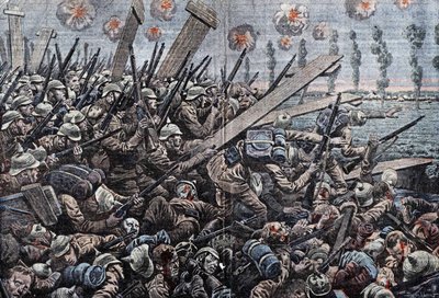 Krieg 1914-1918. Front von Belgien 1914. Deutsche Soldaten an der Yser. Zeichnung von Damblans. von Eugene Damblans