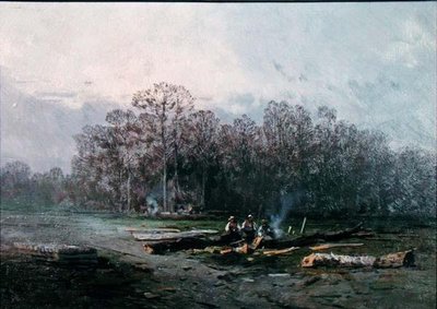 Nebelige Landschaft mit Holzfällern von Eugene Deshayes