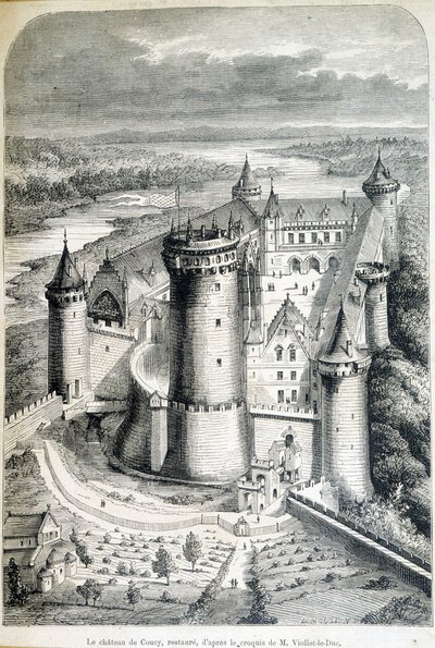 Das Schloss von Coucy, restauriert - Gravur nach der Skizze von Eugène Viollet-le-Duc - „Le Monde illustré“ vom 08.05.1858 von Eugene Emmanuel (after) Viollet le Duc
