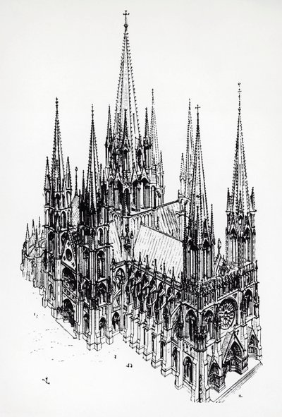 Isometrische Ansicht einer idealen Kathedrale, Zeichnung von Eugène Emmanuel Viollet-le-Duc aus dem Wörterbuch der französischen Architektur vom 11. bis 16. Jahrhundert von Eugene Emmanuel Viollet le Duc