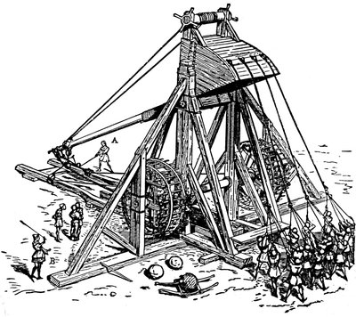 Rekonstruktion einer riesigen Katapult (Gegengewicht-Trebuchet-Typ), genannt Mangonneau von Eugene Emmanuel Viollet le Duc