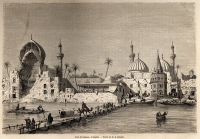 Eine Bootsbrücke in Bagdad, Zeichnung von Eugene Flandin, zur Illustration seiner Reise nach Mesopotamien 1840-1842. Gravur in "Le tour du monde" 1861. Sammlung Selva. von Eugene Flandin