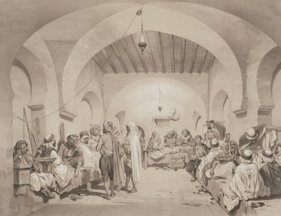 Café du Divan, Algier, aus einem Band zur Erinnerung an die französische Expeditionsarmee, die Algier 1830 eroberte, graviert von Adolphe Jean-Baptiste Bayot (1810-66) von Eugene Flandin
