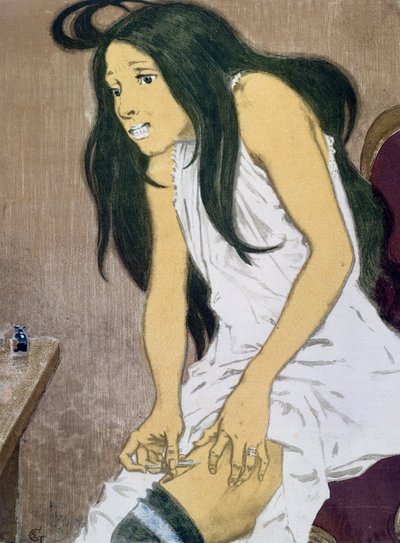 Eine Drogenabhängige injiziert sich selbst, frühes 20. Jahrhundert von Eugene Grasset