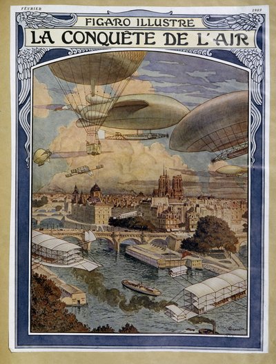 Luft Eroberung: Luftschiff, Ballon und Heißluftballon über Paris - Titelbild in „Figaro Illustré“ vom Februar 1909 von Eugene Grasset