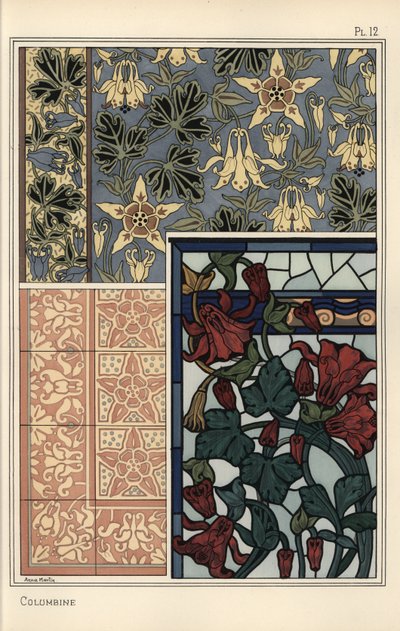 Akelei, Aquilegia vulgaris, Blume in Mustern für Tapeten, Buntglas und Fliesen von Eugene Grasset