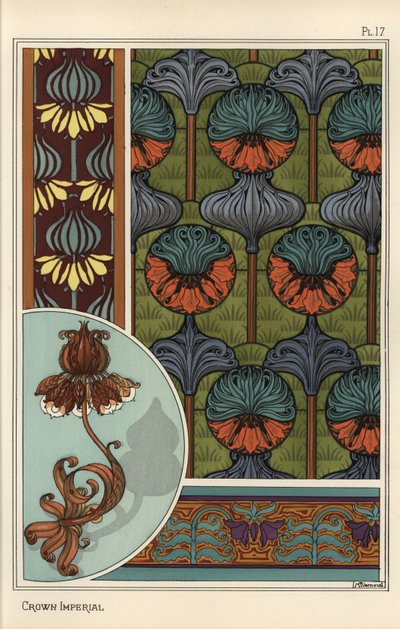 Kaiserkrone, Fritillaria imperialis, in Tapeten- und Stoffmustern und als Design für eine Schmiedeeisenlampe von Eugene Grasset
