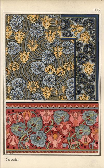Cyclamen persicum Pflanze als Motiv in Entwürfen für Wandteppiche, Stoffe und Tapeten. Lithographie von Anna Martin von Eugene Grasset