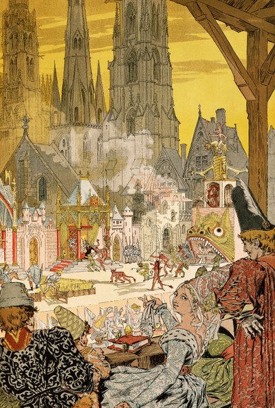 Darstellung eines Mysteriums im Kirchhof der Kathedrale, Illustration für Notre-Dame de Paris von Victor Hugo (1802-1885) von Eugene Grasset