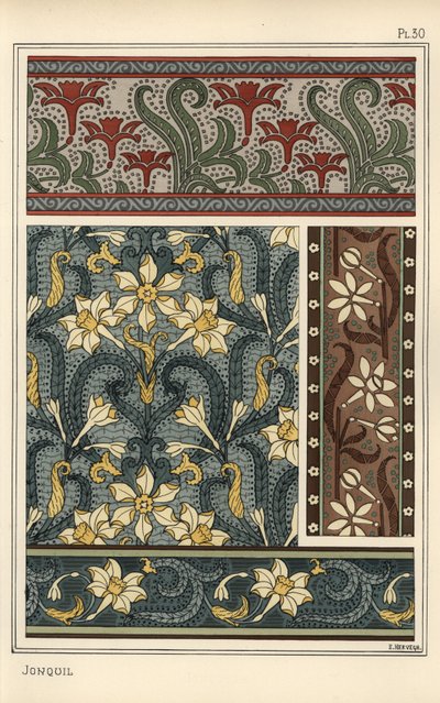 Jonquille, Narcissus jonquilla, als Designmotiv in Tapeten- und Stoffmustern von Eugene Grasset