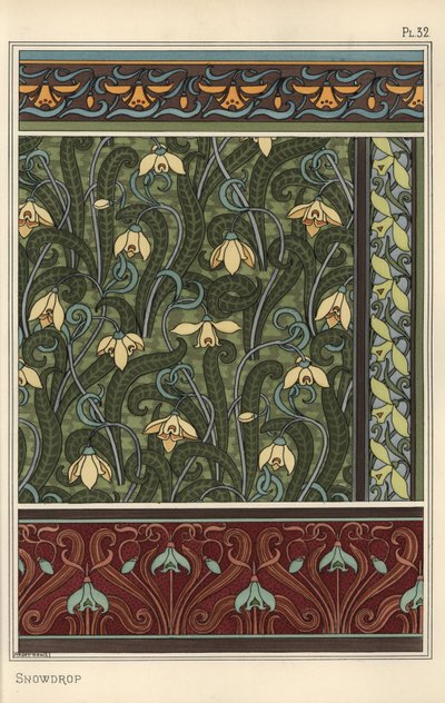 Schneeglöckchen, Galanthus nivalis, als Designmotiv in Tapeten, Rändern und Stoffen von Eugene Grasset