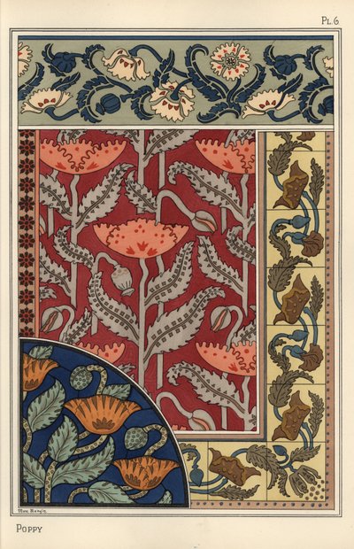Der Mohn, Papaver somniferum, in Buntglas, Tapeten, Stoff- und Fliesenmustern. Lithographie von Marc Mangin von Eugene Grasset