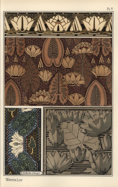 Die Seerose, Nelumbo lutea, in Stoff, Kreuzstich-Tapisserie und Reliefmuster. Lithographie von C. G. Schlumberger von Eugene Grasset
