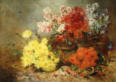 Gänseblümchen, Begonie und andere Blumen in Töpfen von Eugene Henri Cauchois