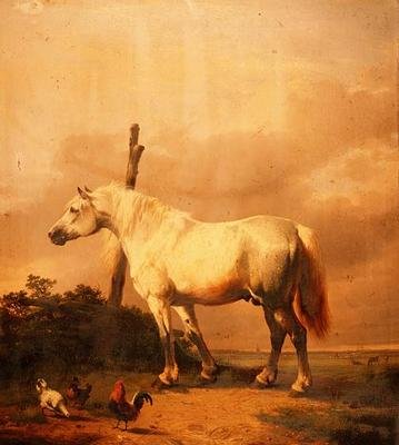 Ein Kaltblutpferd mit Geflügel in einer weiten Landschaft von Eugene Joseph Verboeckhoven
