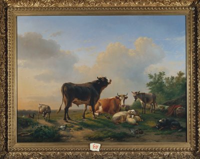 Ein Stier, eine Kuh, ein Esel, eine Ziege, Schafe und Geflügel in einer weiten Landschaft, 1849 von Eugene Joseph Verboeckhoven