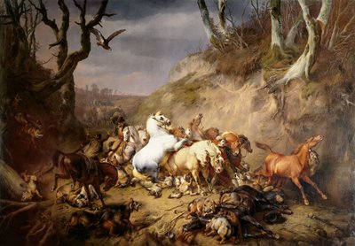 Hungrige Wölfe greifen eine Gruppe von Reitern an von Eugene Joseph Verboeckhoven