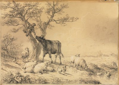 Landschaft mit Tieren und Junge im Baum, 1866 von Eugene Joseph Verboeckhoven