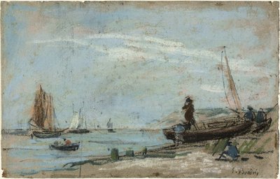 Strand mit Fischerbooten (recto); Landschaft mit Bauer, der ein Feld pflügt (verso) von Eugene Louis Boudin